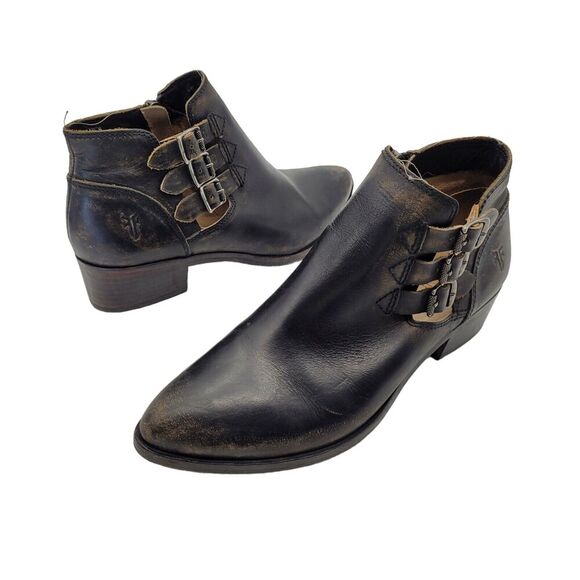 Frye Womens Ray Belted Bootie Ankle Boot Black Distressed Pointed Toe 6.5M - Picture 1 of 10